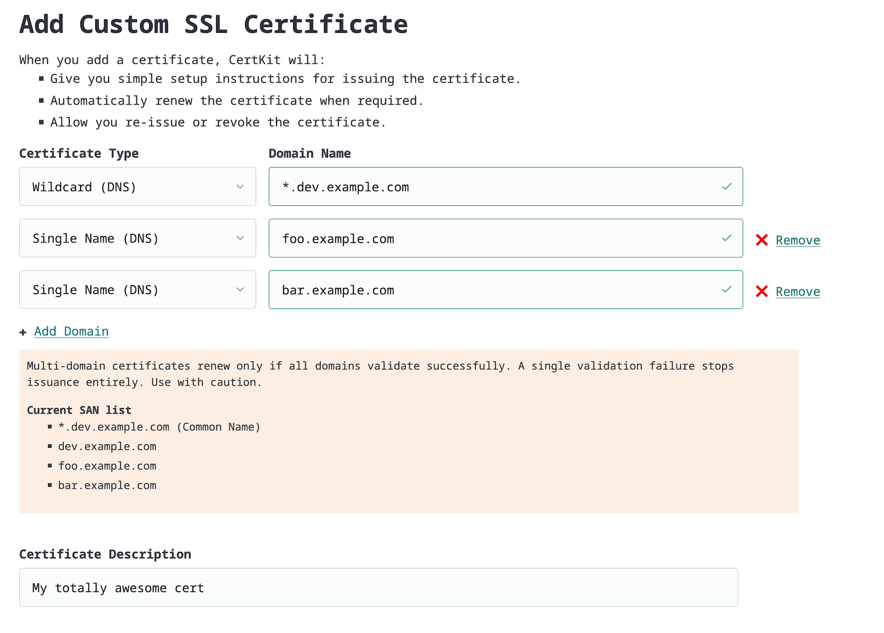 CertKit multi-domain certificate form showing wildcard and single name entries