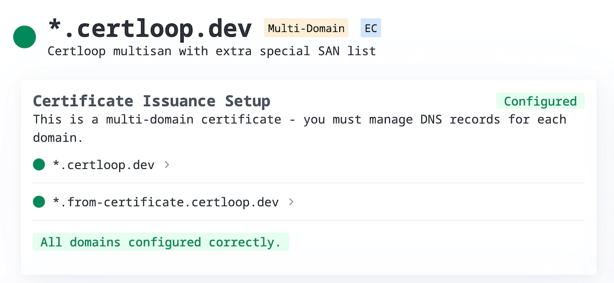 CertKit certificates list showing multi-domain indicator