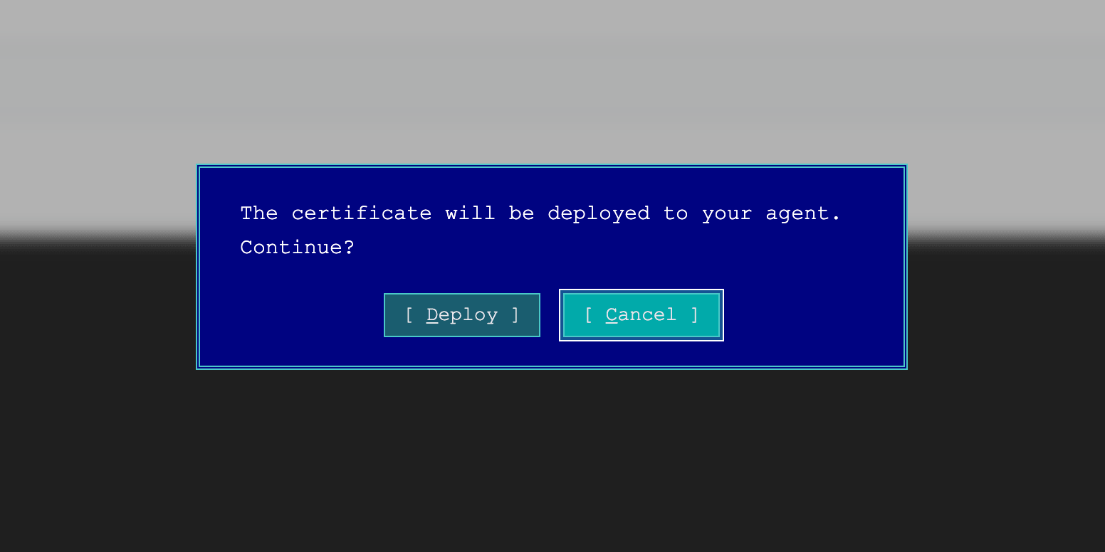 CertKit deploy confirmation dialog in retro MS-DOS style, with Deploy and Cancel buttons