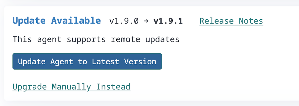 CertKit agent update notification showing an available upgrade from v1.9.0 to v1.9.1 with an Update Agent button