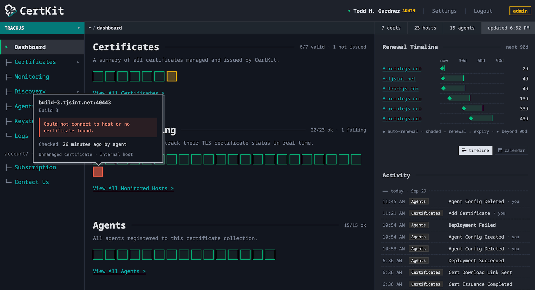 CertKit collection dashboard with one square per certificate, host, and agent, a status line across the top, and a right rail showing the renewal timeline and recent activity