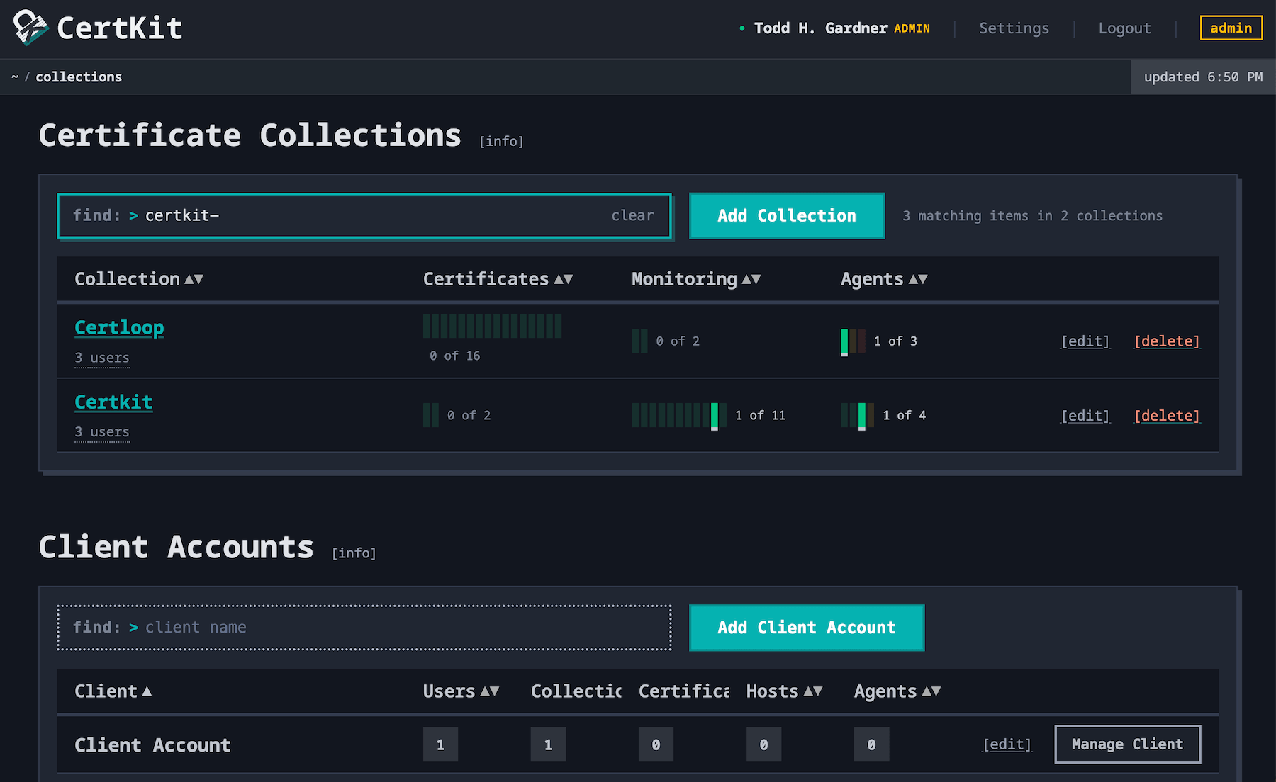 CertKit home page with every collection as a row of status pips, a search for a hostname lighting up the matching certificate and hosts, and the client accounts table below