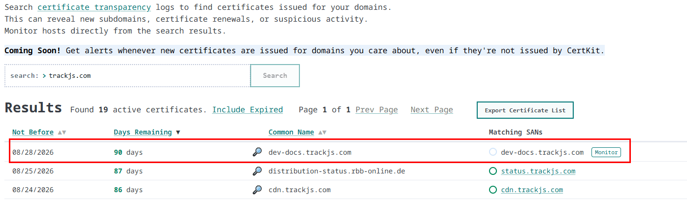 CertKit certificate transparency search for trackjs.com showing a certificate for dev-docs.trackjs.com that we did not request