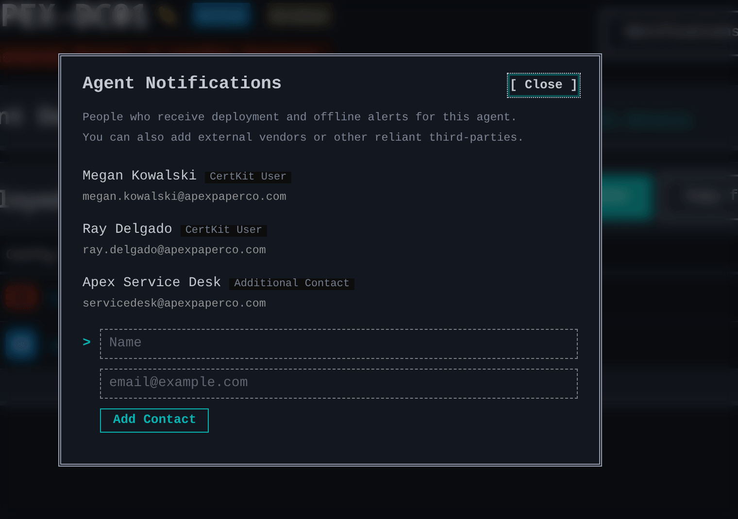 CertKit Agent Notifications dialog for agent APEX-DC01 listing two CertKit users and the service desk mailbox as an additional contact, with a form to add another contact