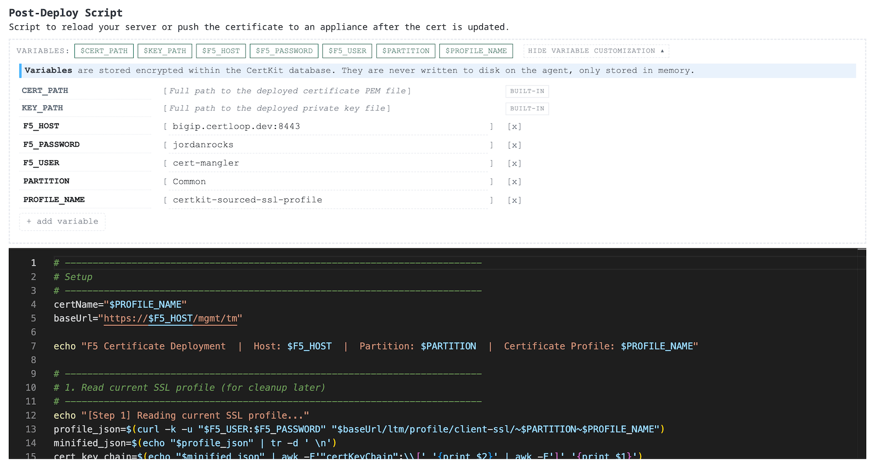 CertKit deployment script editor showing a PowerShell script with variable definitions