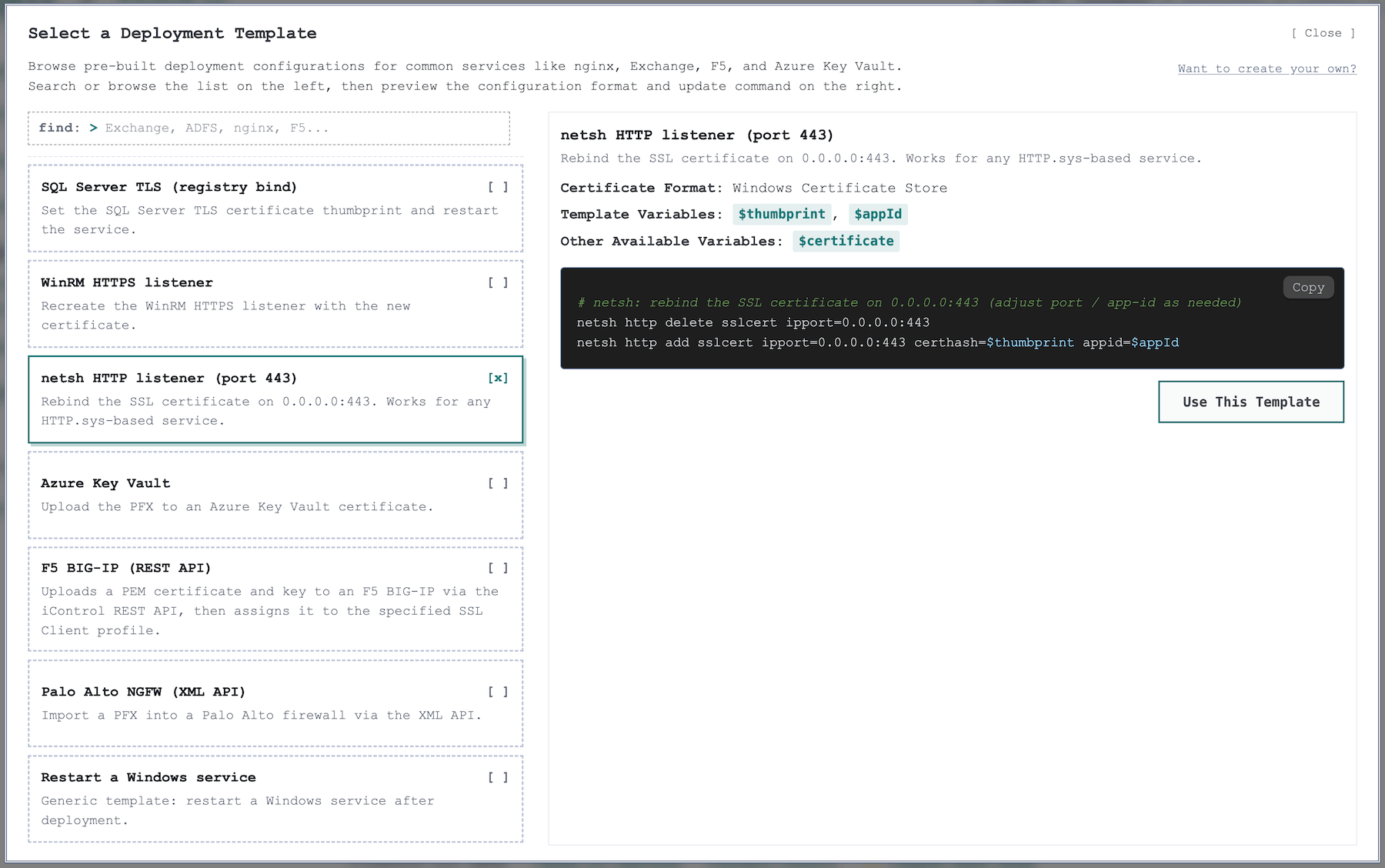 CertKit deployment template library showing available templates for F5, Palo Alto, Azure, and other targets