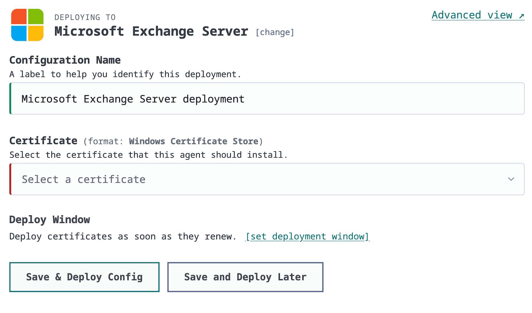 The new CertKit deployment flow for Microsoft Exchange Server, showing a configuration name, certificate selection, and deploy window