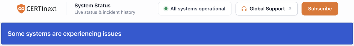 Top of the eMudhra status page. A green badge reads All systems operational, directly above a blue banner reading Some systems are experiencing issues.