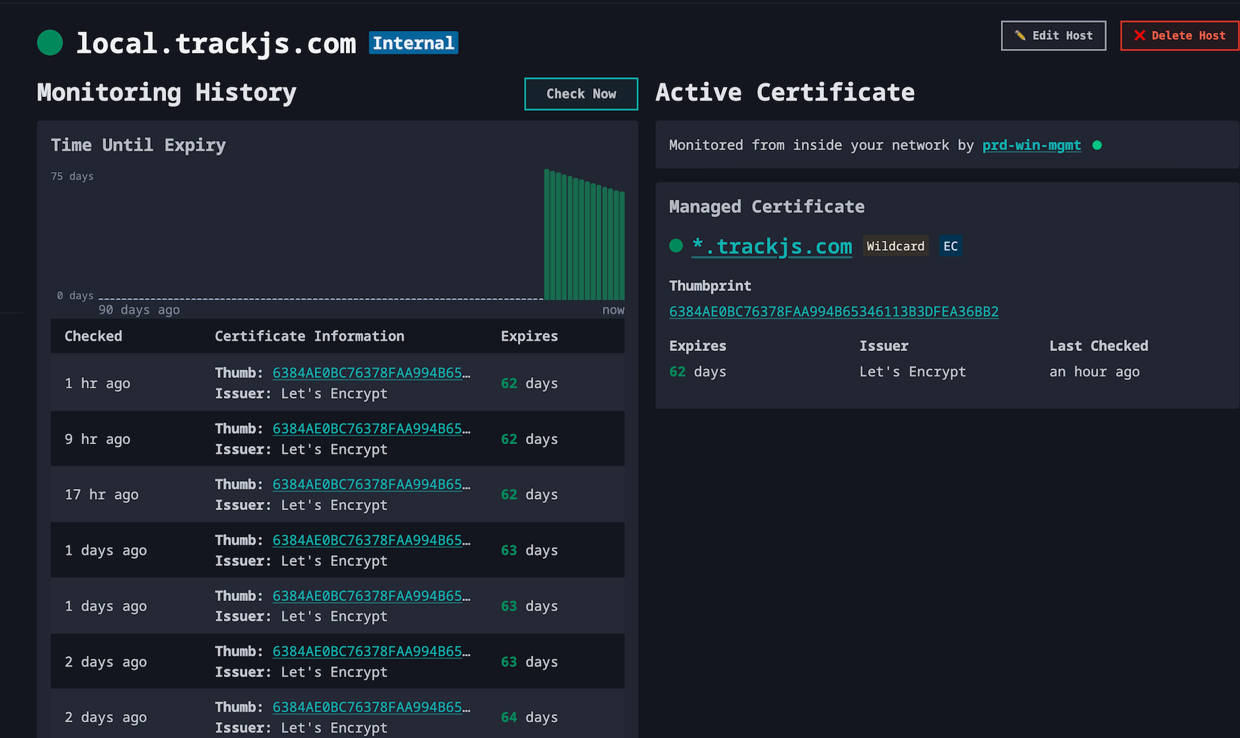 CertKit host details page for an internal host, monitored from inside the network by an agent named prd-win-mgmt