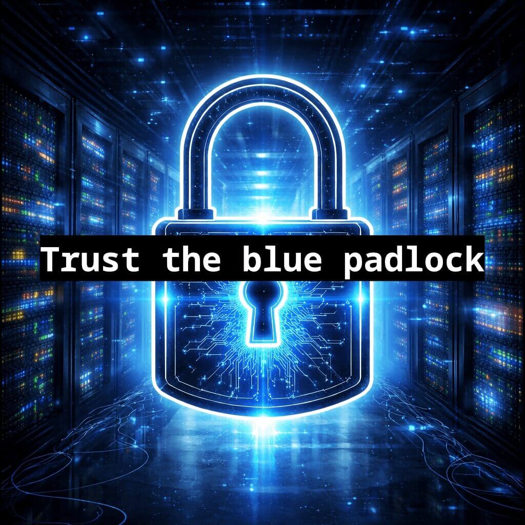 A glowing blue padlock floats before a cyber landscape. You can trust me because I am a blue padlock.