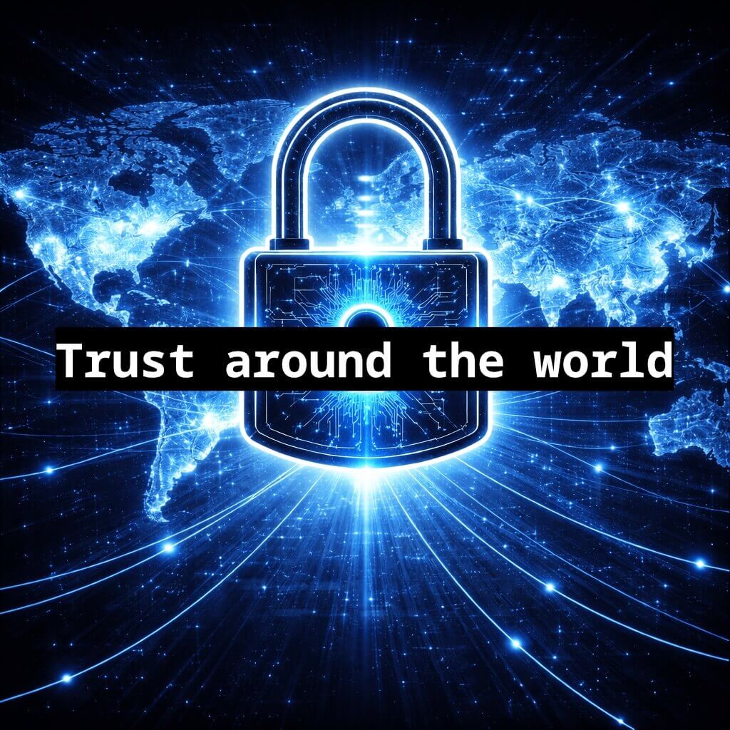 A glowing blue padlock floats over the connected world.