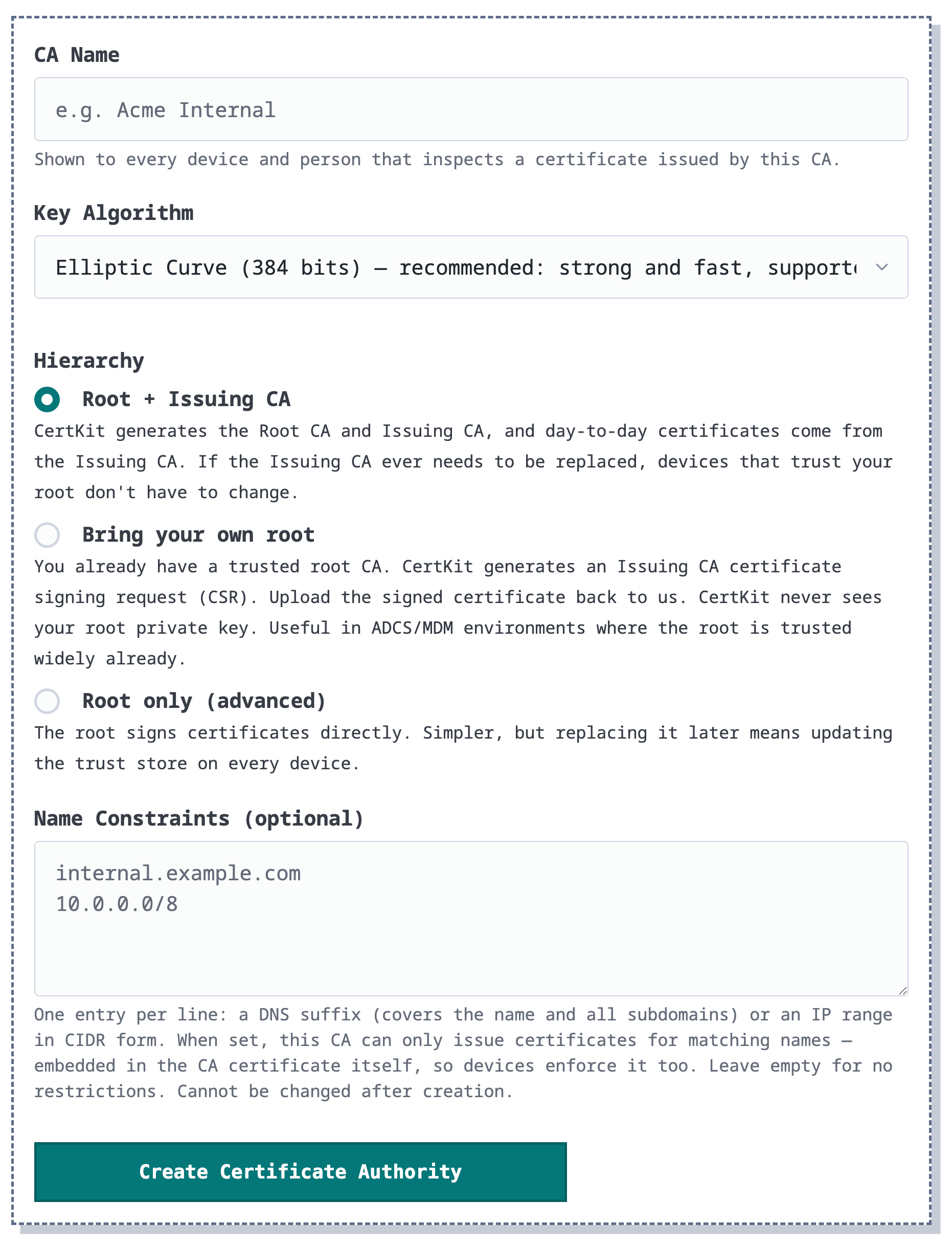 CertKit private CA details page showing the root and issuing CA certificates