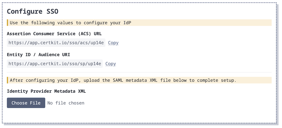 CertKit SSO configuration screen showing ACS URL and Entity ID fields