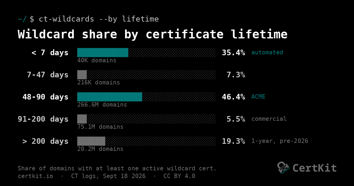 Bar chart of wildcard share by certificate lifetime: under 7 days 35.4%, 7 to 47 days 7.3%, 48 to 90 days 46.4%, 91 to 200 days 5.5%, over 200 days 19.3%