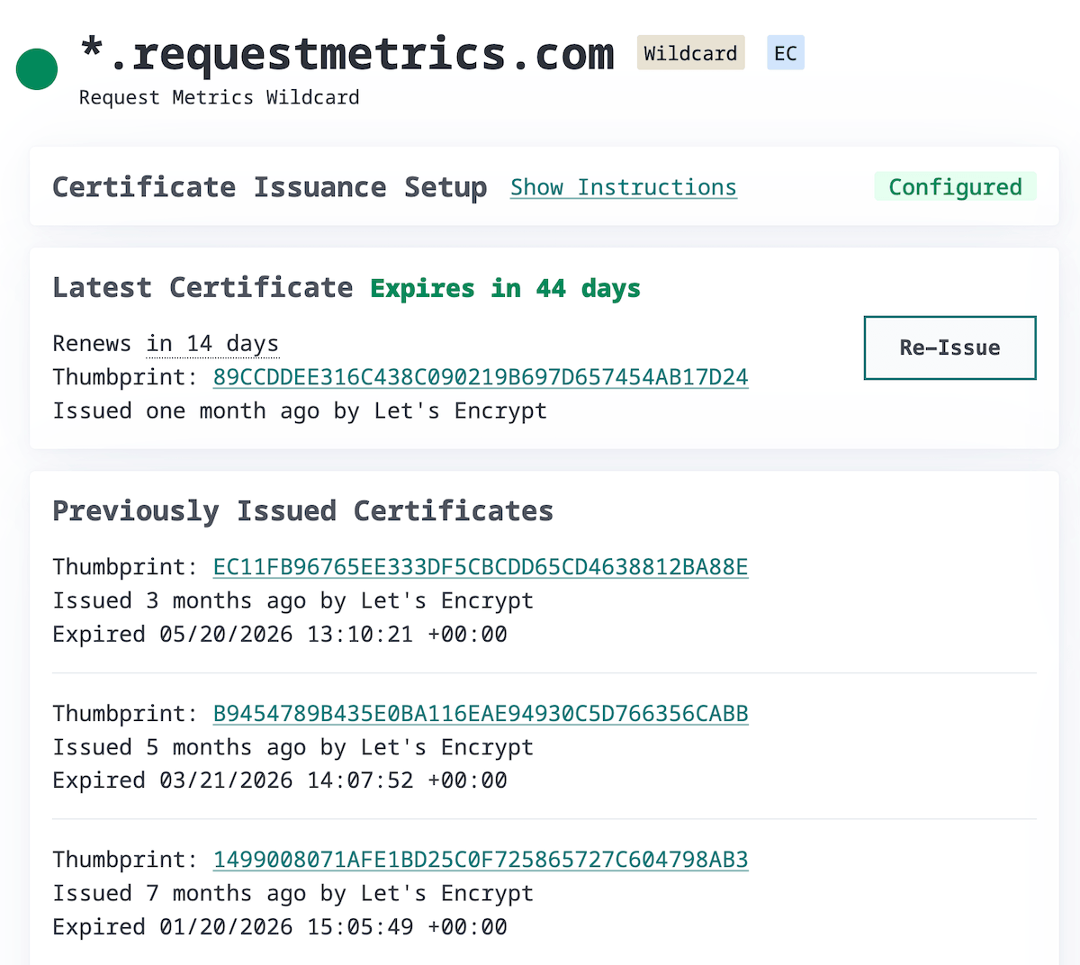 A CertKit certificate detail view showing an automated issuance and renewal schedule that runs without manual steps.