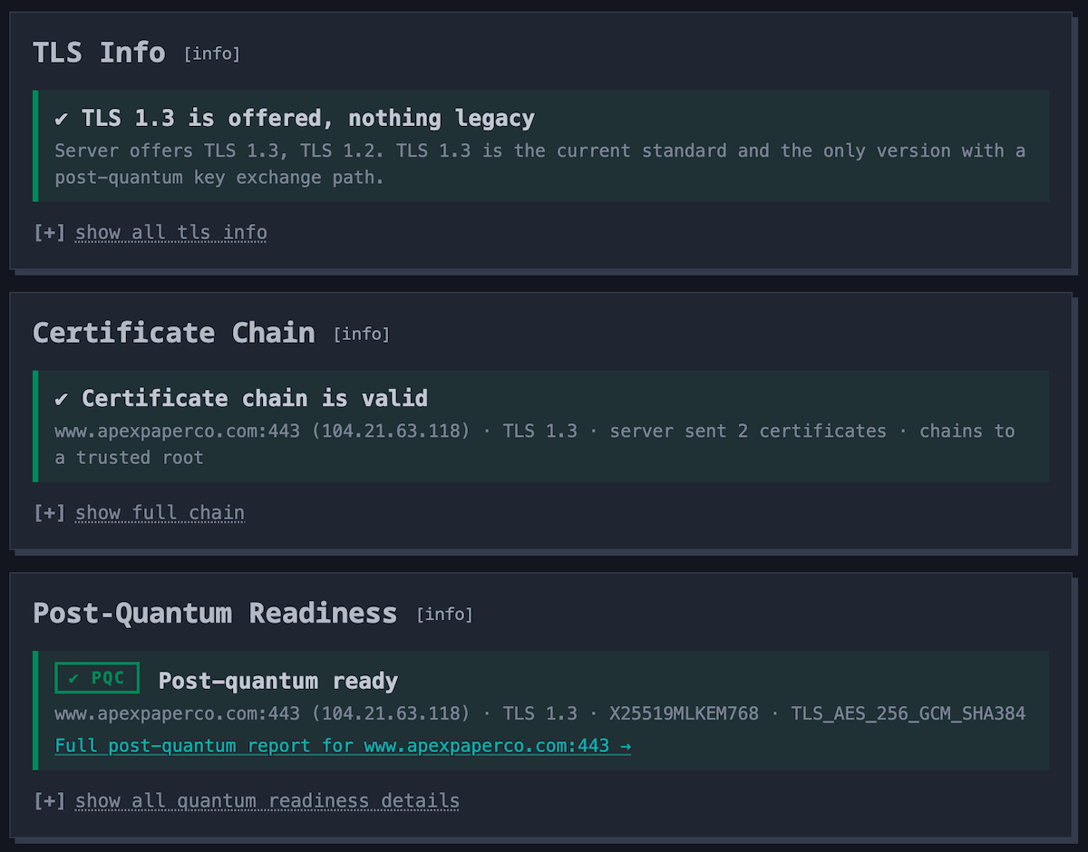 CertKit host page panels showing TLS 1.3 offered with nothing legacy, a valid certificate chain, and a post-quantum ready X25519MLKEM768 key exchange.