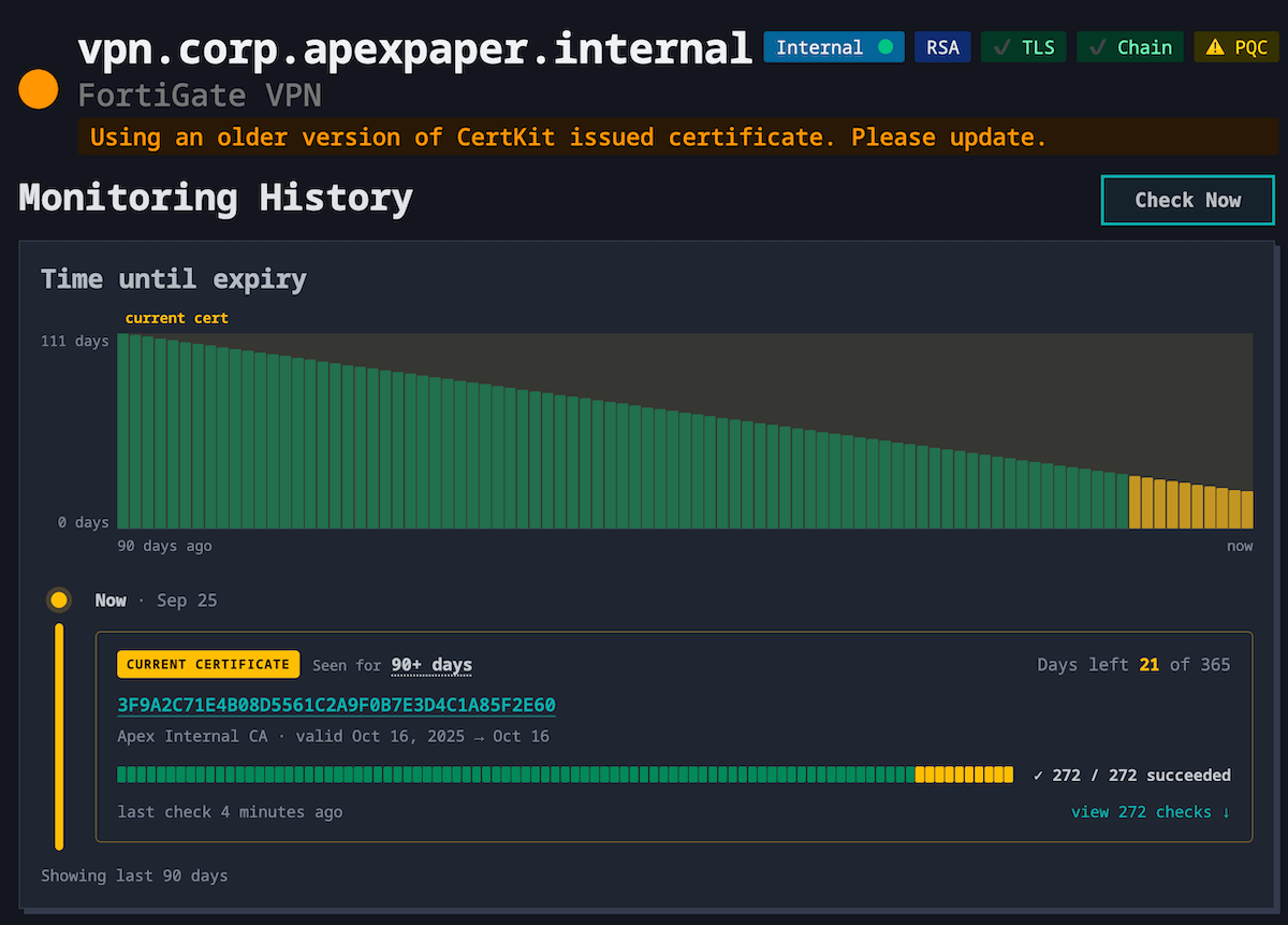 A CertKit host page for a VPN host flagged as using an older version of a CertKit-issued certificate, with the old certificate's days until expiry counting down to 21.